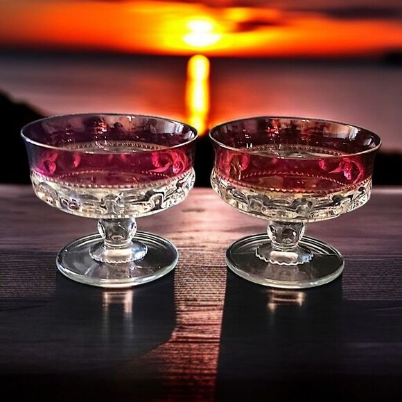 2 Kings Crown Thumbprint Sherbet Dishes Dish Set Ruby Red Flash Indiana Glass - Picture 11 of 16